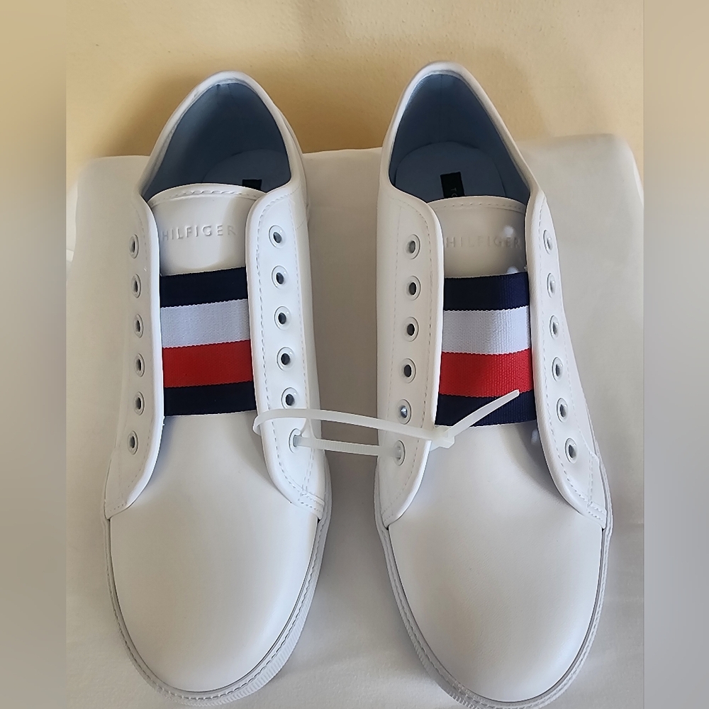 Tommy Hilfiger Men's White Sneakers with Red and Blue Accents